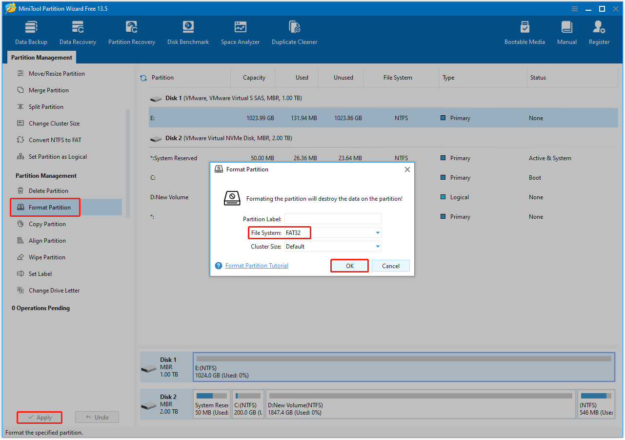 The MiniTool Partition Wizard interface with selected the Format Partition, File System, and Apply option.