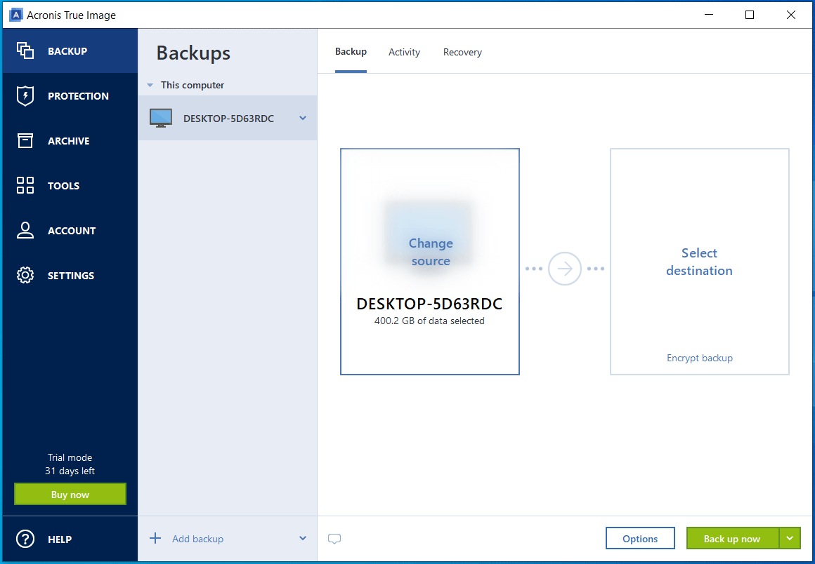The BACKUP tab in Acronis True Image.