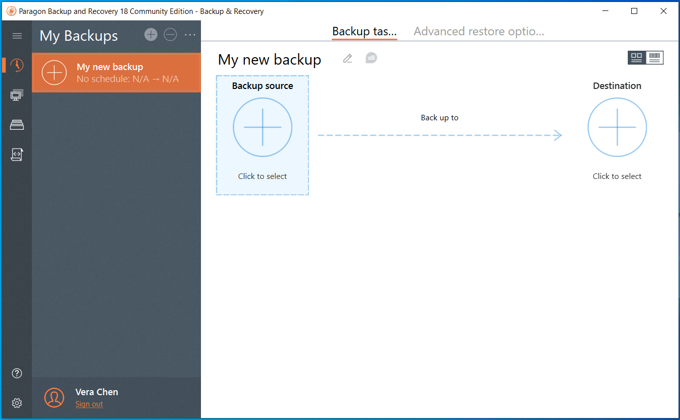 Paragon Backup and Recovery 18 Community Edition showing a new backup task.