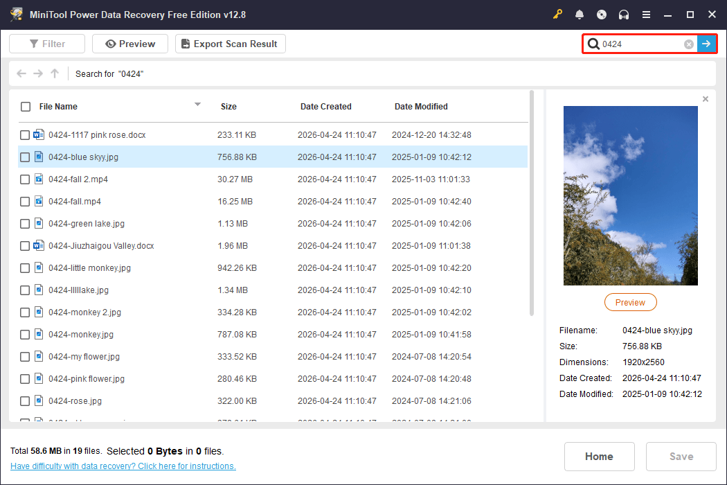 MiniTool Power Data Recovery search results interface for the keyword 0424.