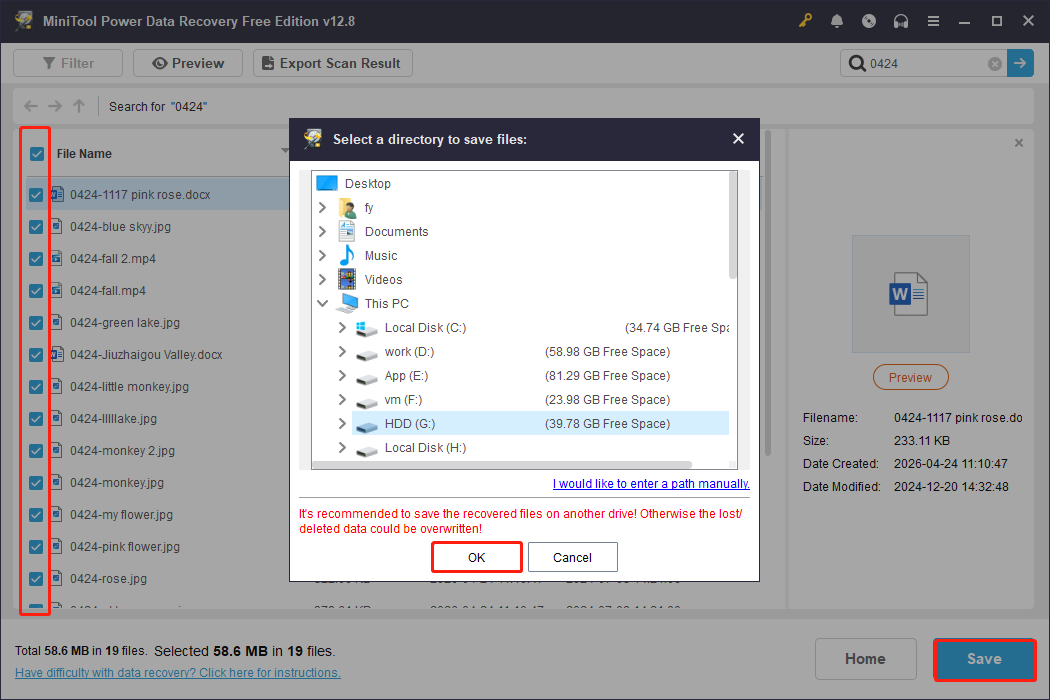 MiniTool Power Data Recovery interface showing selected files and the highlighted Save button.