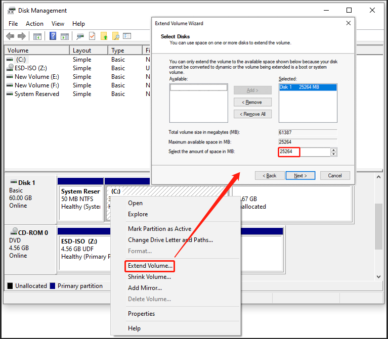 Le processus d'extension de la partition C à partir d'un espace non alloué dans l'interface de Gestion des disques.
