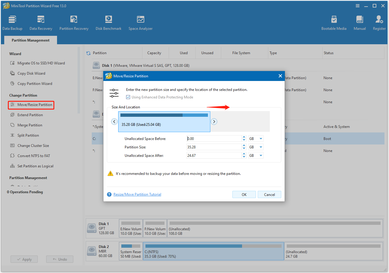 Le processus d'extension d'une partition à partir d'un espace non alloué contigu dans MiniTool Partition Wizard.