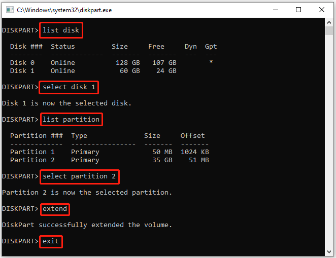Interface DiskPart avec les commandes associées pour étendre la partition.