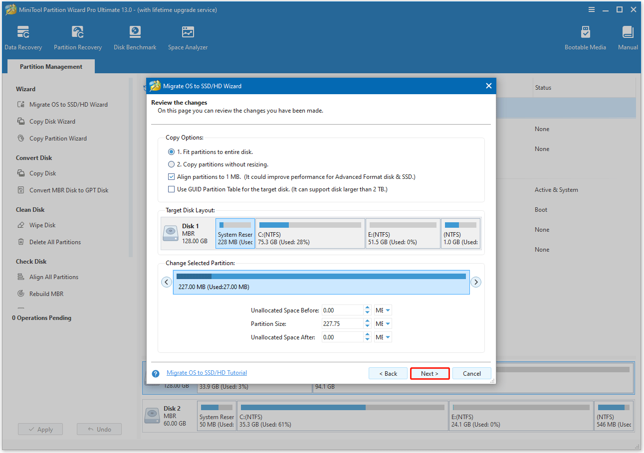 Interface de MiniTool Partition Wizard illustrant le processus de sélection du disque cible et d'ajustement des options de copie.