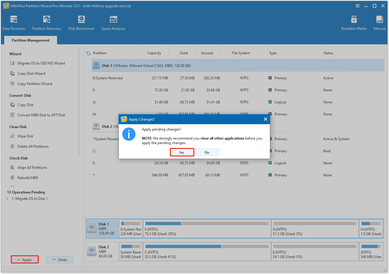 Le processus de confirmation et d'application de la migration du système d'exploitation au sein de l'interface de MiniTool Partition Wizard.
