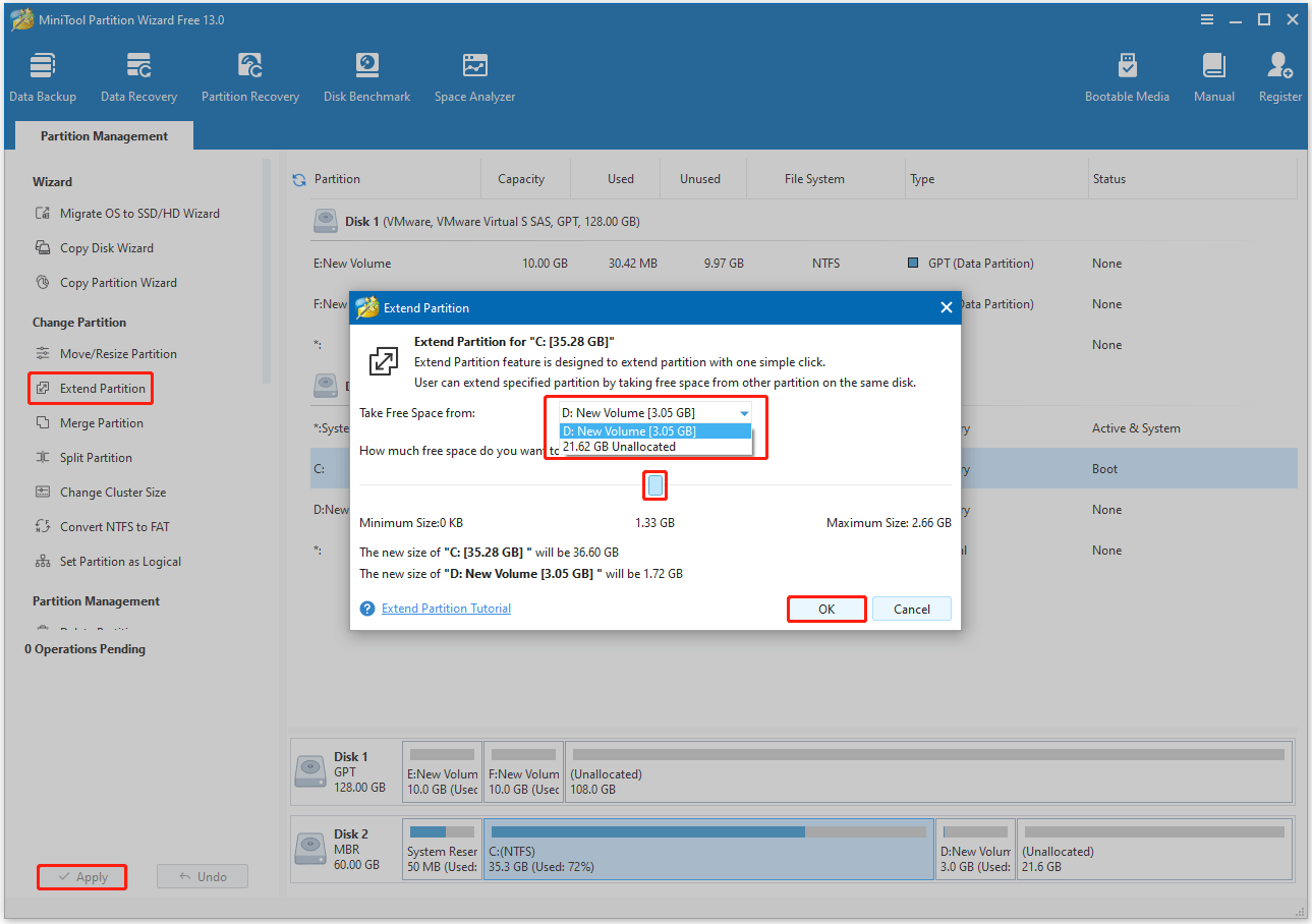 El proceso de extender una partición a partir de cualquier otra partición o espacio no asignado en MiniTool Partition Wizard.