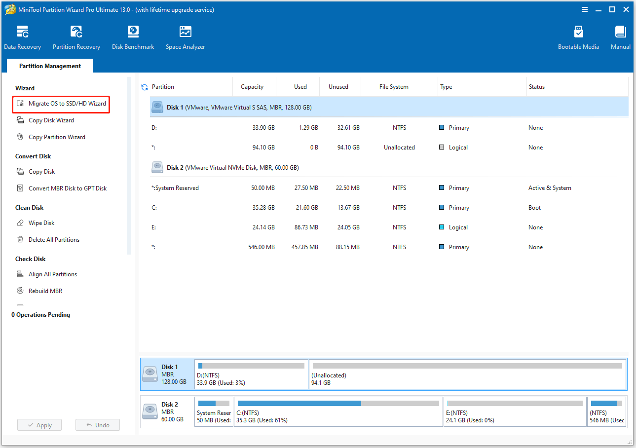La función «Migrar SO a SSD o HD» seleccionada en el panel de acciones izquierdo de la interfaz de MiniTool Partition Wizard.