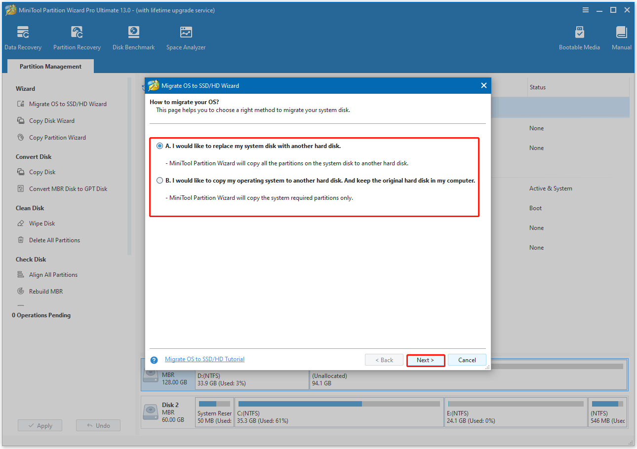 Interfaz de MiniTool Partition Wizard mostrando el proceso de selección de un método de migración.