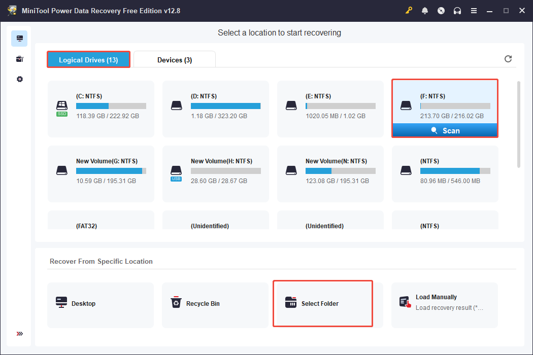 Interfaz de MiniTool Power Data Recovery mostrando las particiones detectadas, con las opciones Escanear, Unidades lógicas y Seleccionar carpeta seleccionadas.