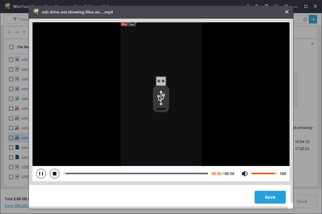 La interfaz de vista previa de video en MiniTool Power Data Recovery, mostrando un video de una unidad USB para la verificación de archivos.