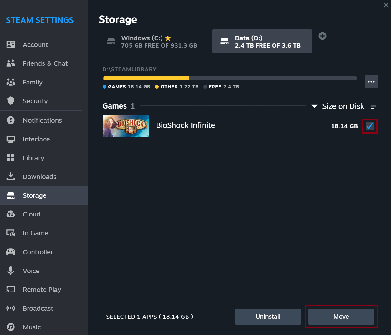 Image du déplacement de jeux vers un autre disque dans Steam