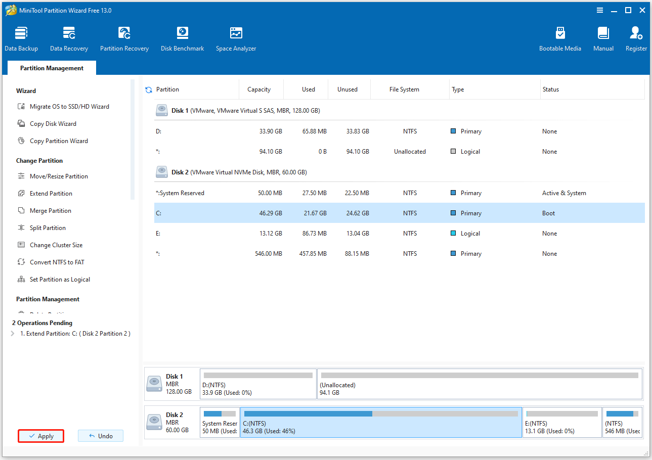Cliquez sur Appliquer pour exécuter les actions en attente dans MiniTool Partition Wizard.