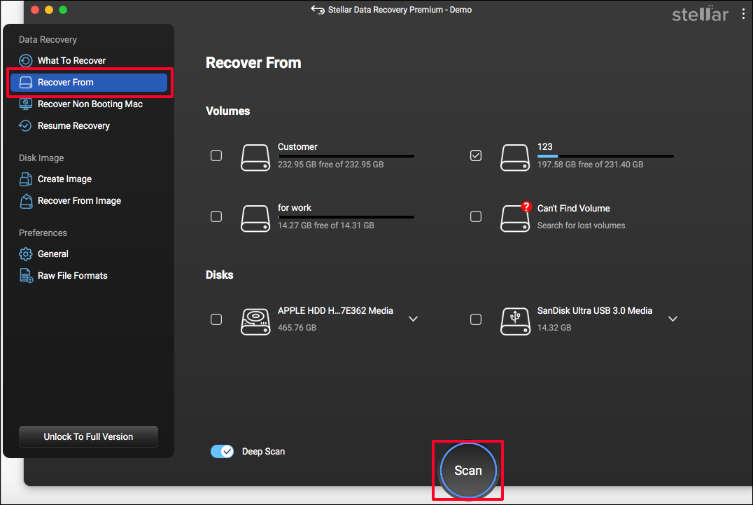 La interfaz de Stellar Data Recovery para Mac muestra los dispositivos detectados, con las opciones Recuperar desde y Escanear seleccionadas.