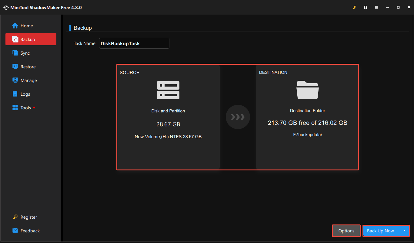 MiniTool ShadowMaker interface showing the SOURCE and DESTINATION for backup, with Options and Back Up Now selected.
