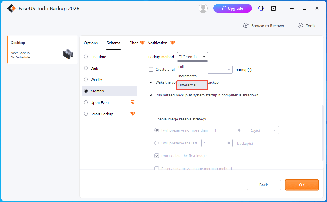 The EaseUS Todo Backup window with Differential selected under Scheme.