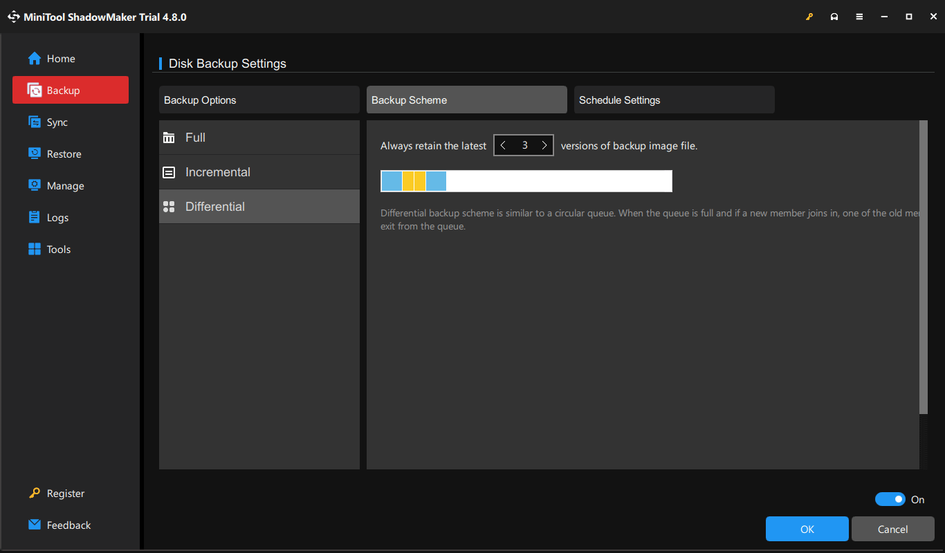 The Backup page in MiniTool ShadowMaker showing how to set a differential backup scheme.