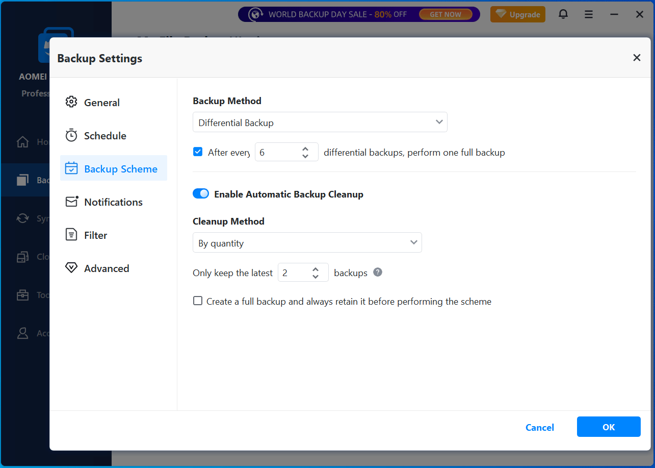 The Backup Settings window in AOMEI Backupper to set the differential backup method.