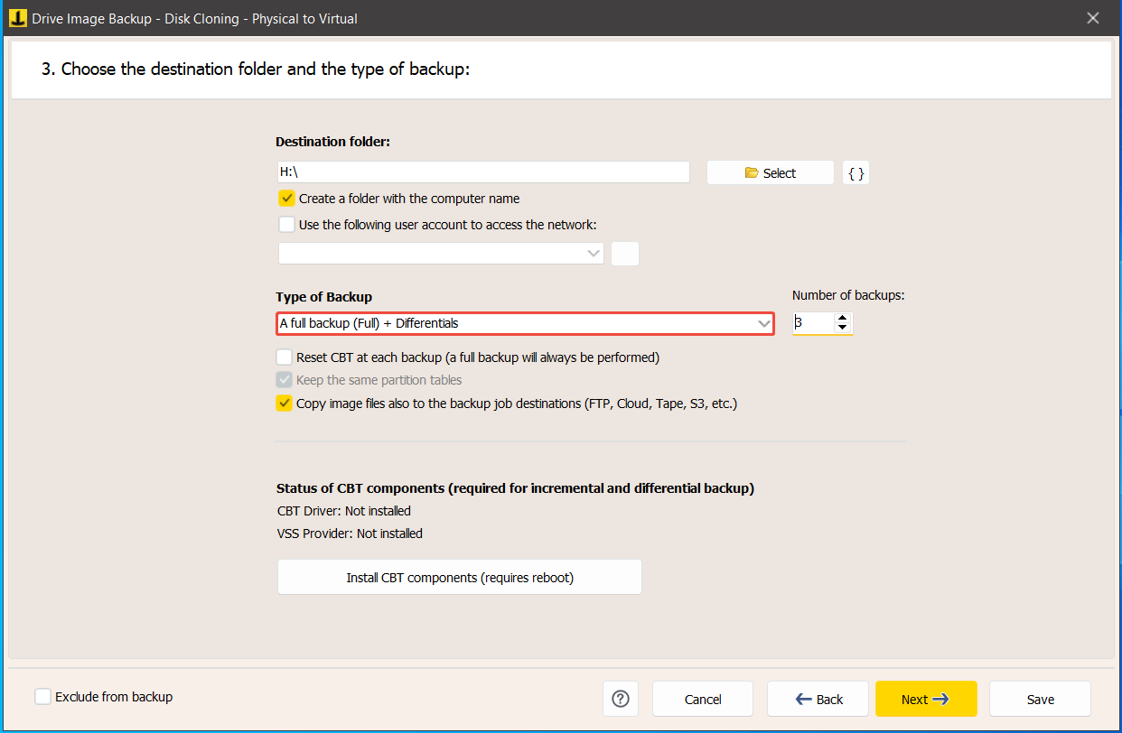 The Drive Image Backup window of Iperius Backup showing how to set a type to create a full backup and differential backups.