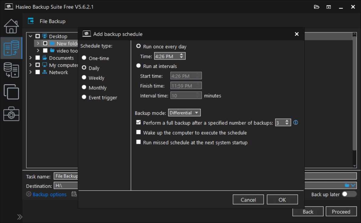 The Add backup schedule window in Hasleo Backup Suite.