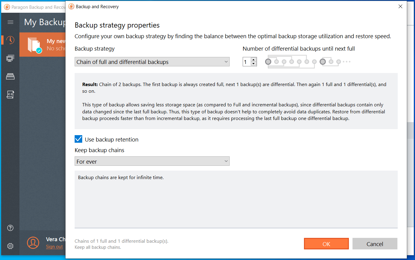 The Paragon Backup and Recovery window showing how to choose a backup strategy for differential backups.