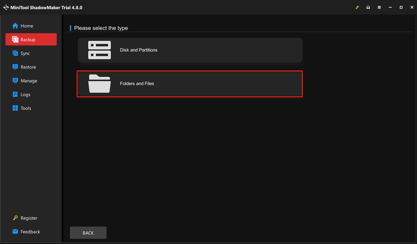 The interface of MiniTool ShadowMaker with selected Folders and Files.