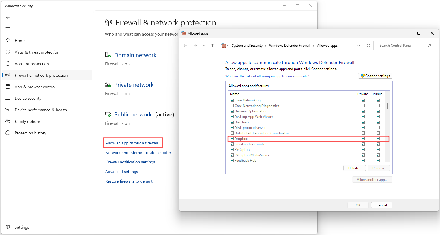 The Firewall & network protection page in Windows Security showing how to allow Dropbox through firewall.