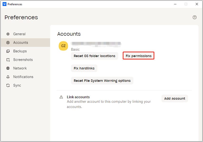 The Accounts tab of the Preferences window in Dropbox with selected Fix permissions.