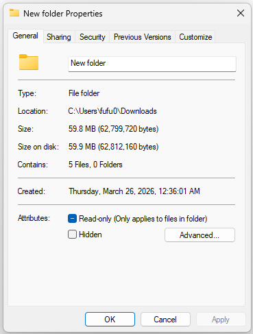 The folder properties window showing its information in the General tab.