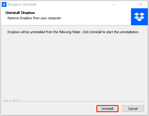 The interface of Dropbox Uninstall with selected Uninstall.