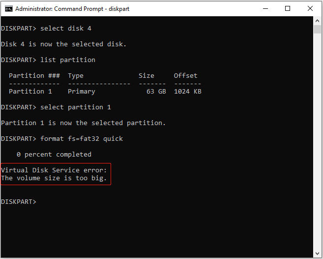 Command Prompt window showing the “the volume size is too big” error.