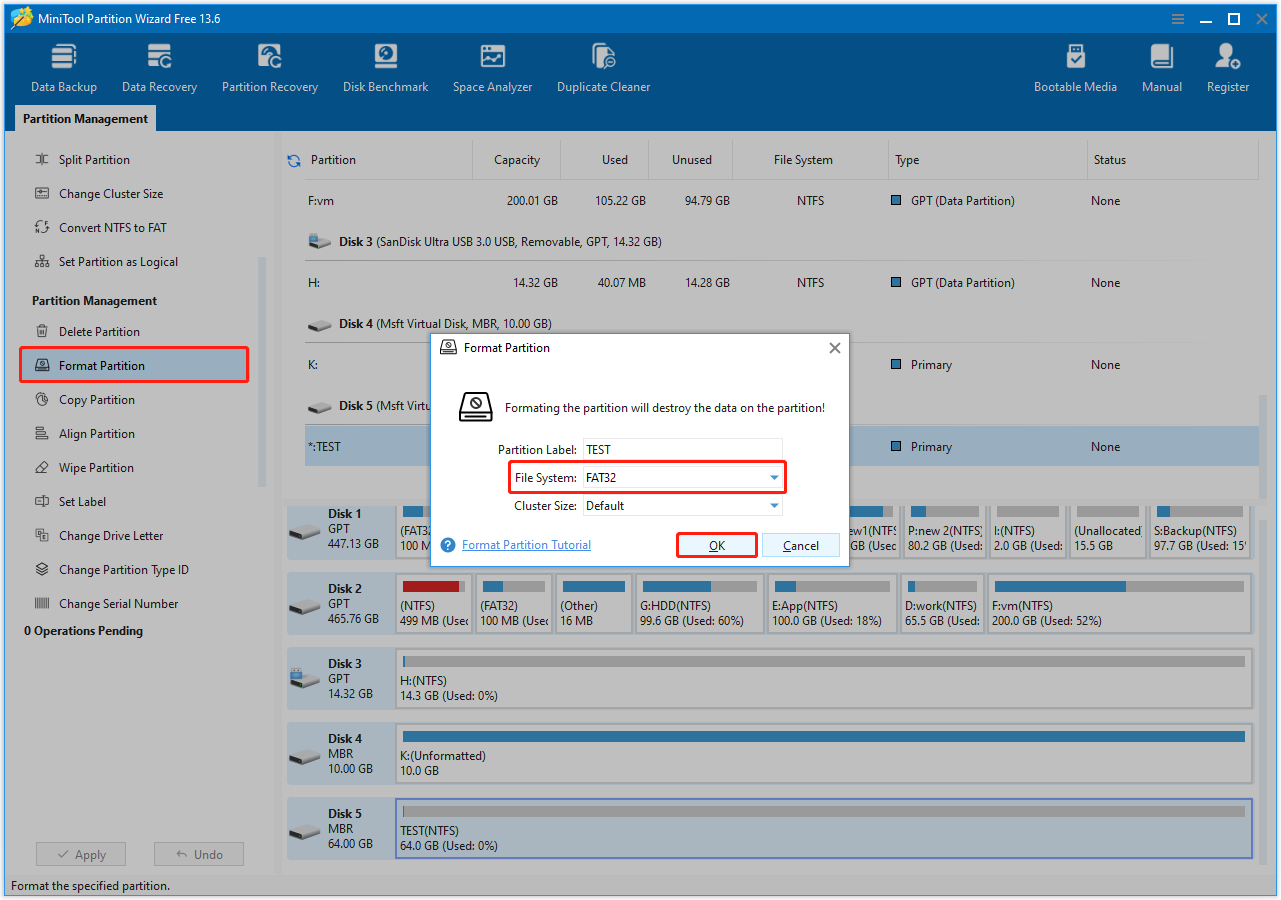 MiniTool Partition Wizard Format Partition interface, with the FAT32 file system highlighted. 