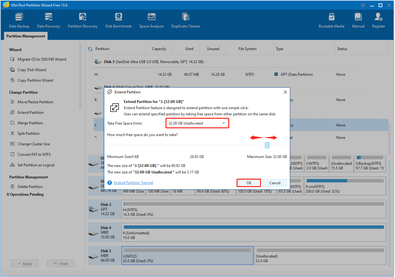 MiniTool Partition Wizard interface showing the Extend Partition window.