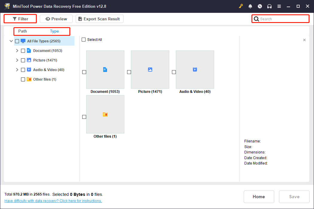 MiniTool Power Data Recovery scan results page with Path, Type, Filter, and Search highlighted to find the target files.