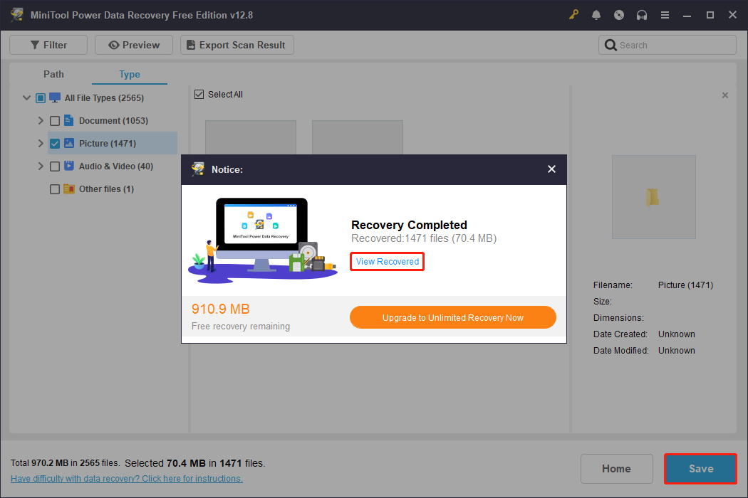 MiniTool Power Data Recovery interface showing a Recovery Completed window with the View Recovered button selected.