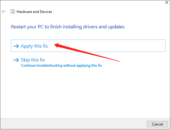 Hardware and Devices interface showing two fix options with the Apply this fix option selected.