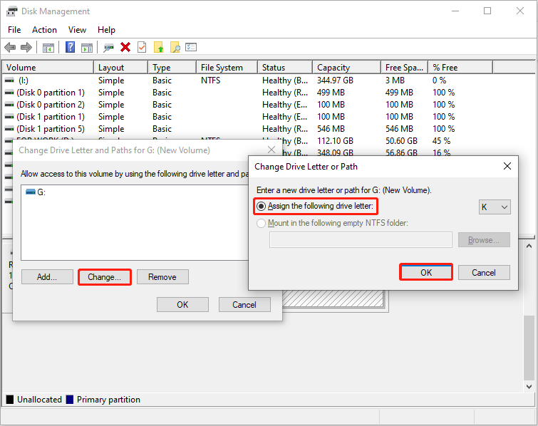 Disk Management interface showing two embedded boxes with Change and Assign the following drive letter selected.