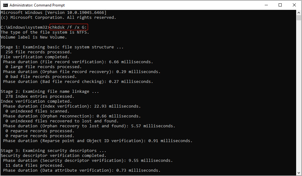 Command Prompt interface showing the operation process of CHKDSK to fix disk errors.