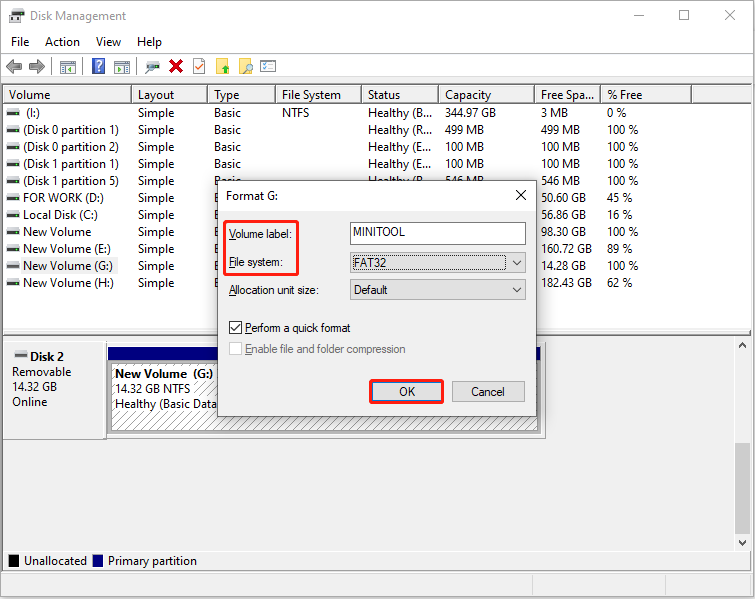 Disk Management interface showing the format box with volume label and file system selected.