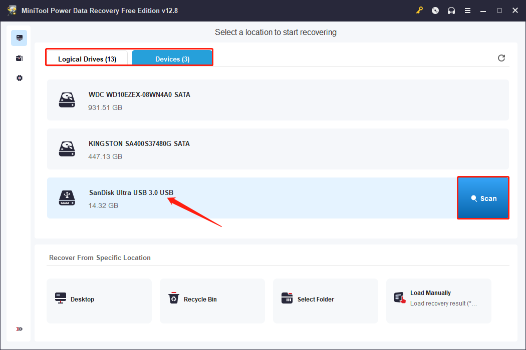 MiniTool Power Data Recovery interface showing all the disks with the USB drive selected and the Scan icon highlighted.
