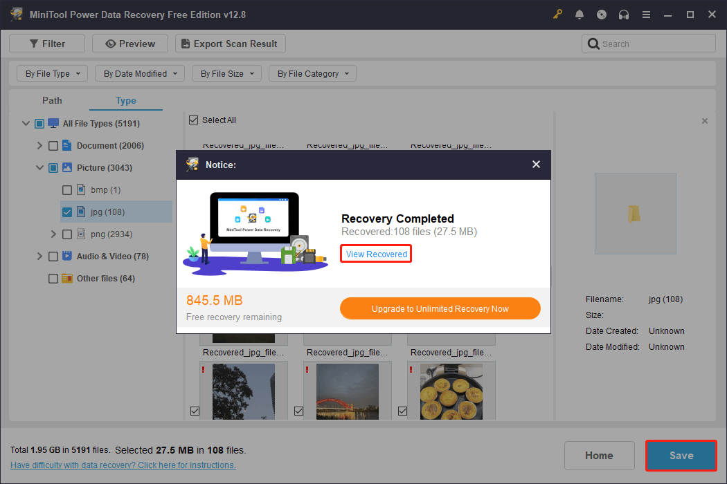 MiniTool Power Data Recovery interface with the Save button selected and a window embedded showing the View Recovered button.