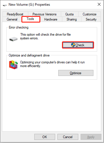 The drive properties interface showing the Tools section with the Check button selected.