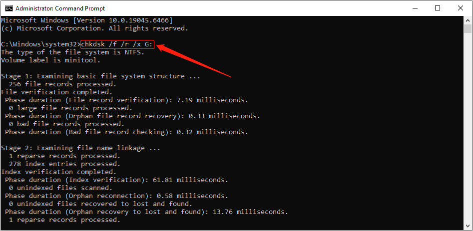 Command Prompt interface showing the operation process of CHKDSK to repair disk errors.