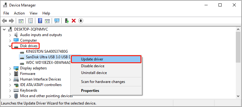 Device Manager interface with Disk drives and Update driver selected to update the USB device driver.