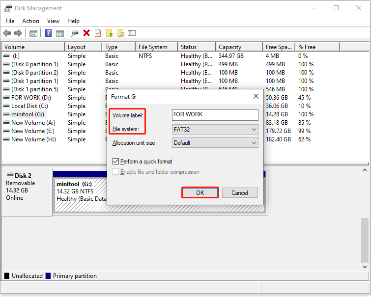 Disk Management interface showing the format options, including a new volume label and file system.