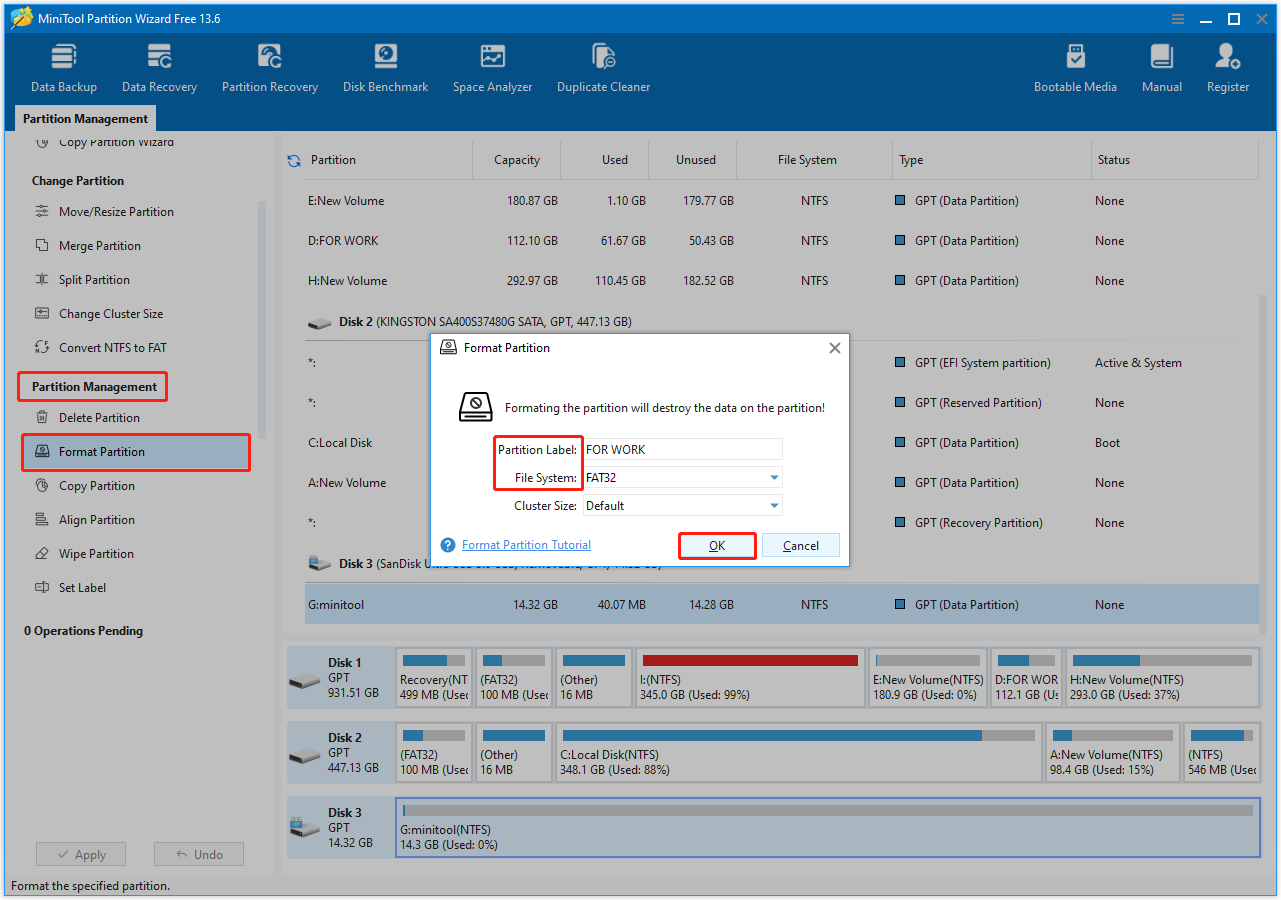 MiniTool Partition Wizard interface with the Format Partition, partition label, and file system selected to format the drive.