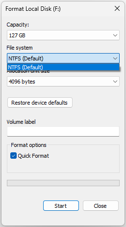 Disk formatting window showing only the NTFS file system option.