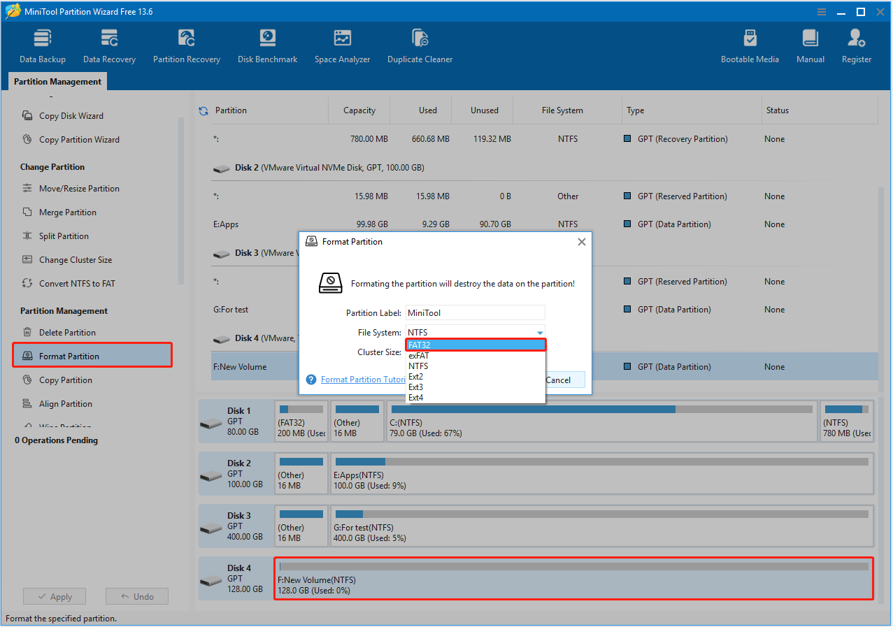 The Format Partition interface in MiniTool Partition Wizard showing the FAT32 option.