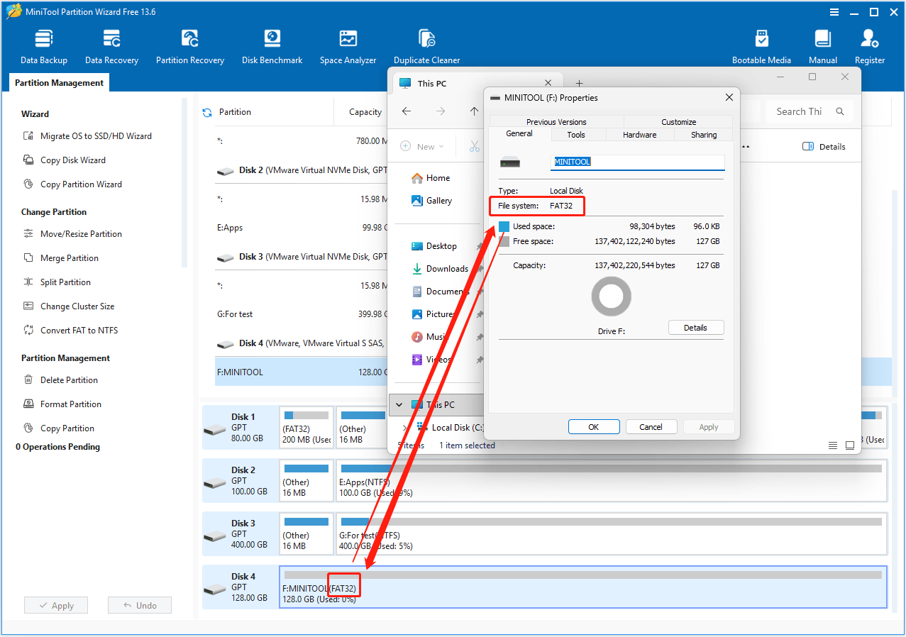 MiniTool Partition Wizard and disk properties windows showing the FAT32 file system.