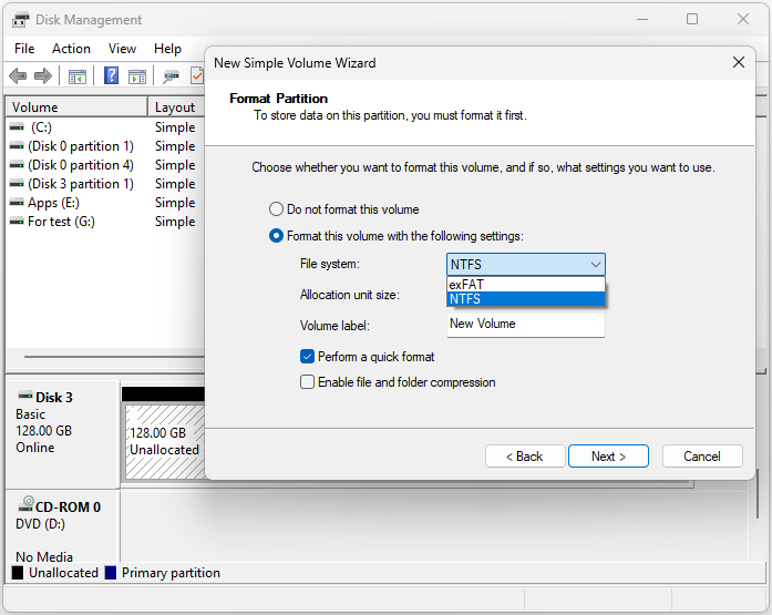 The Format Partition window in Disk Management showing only the exFAT and NTFS file system options.